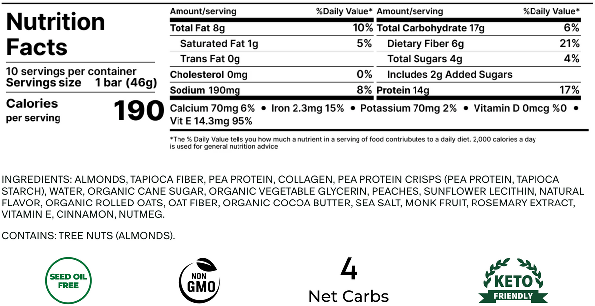 Nutrition facts and ingredients for Stars + Honey Peaches and Cream collagen protein bar