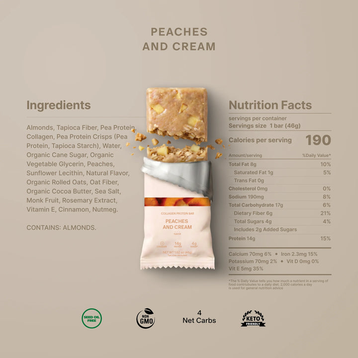 Nutrition facts and ingredients for Stars + Honey Peaches and Cream collagen protein bar