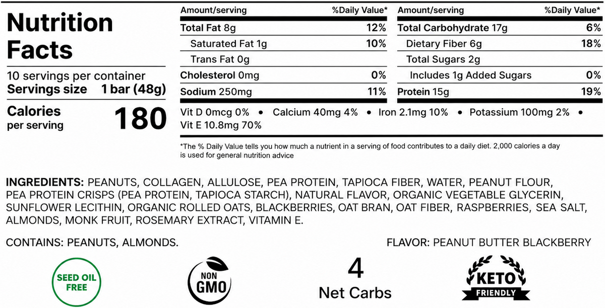 Nutrition facts and ingredients for Stars + Honey Peanut Butter Blackberry collagen protein bar