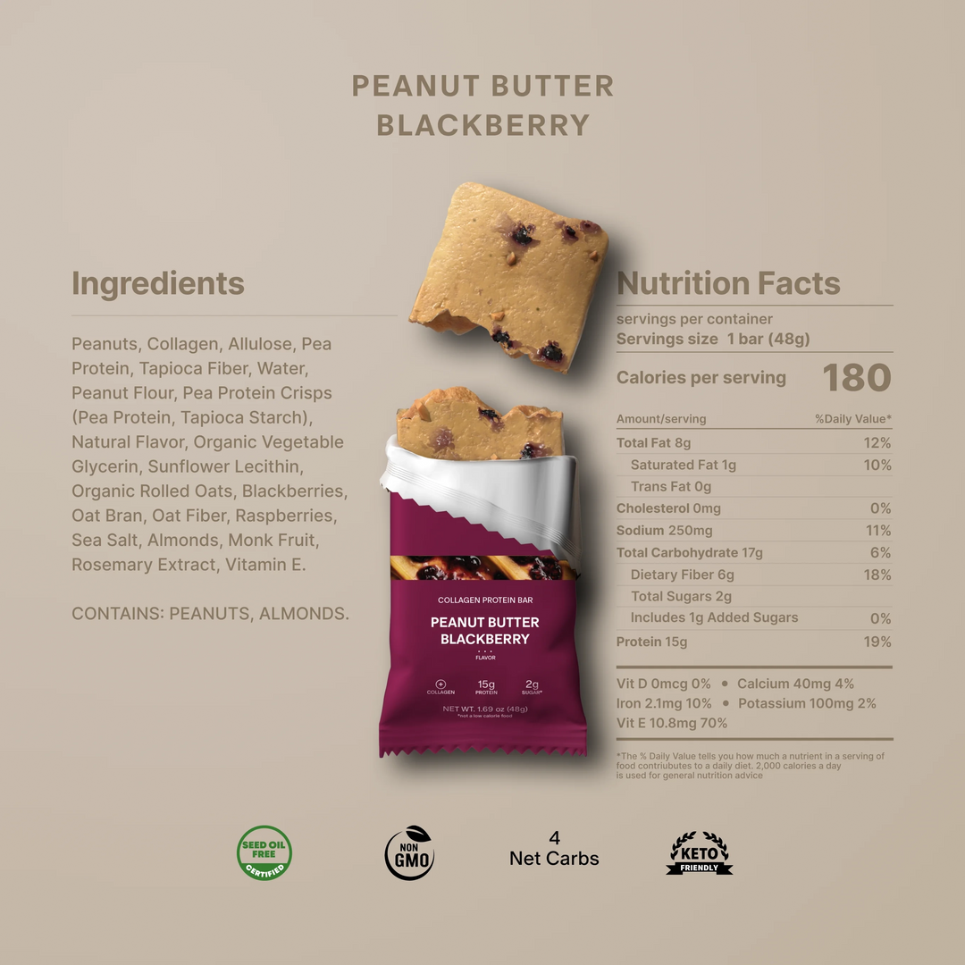 Nutrition facts and ingredients for Stars + Honey Peanut Butter Blackberry collagen protein bar