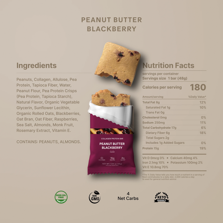 Nutrition facts and ingredients for Stars + Honey Peanut Butter Blackberry collagen protein bar