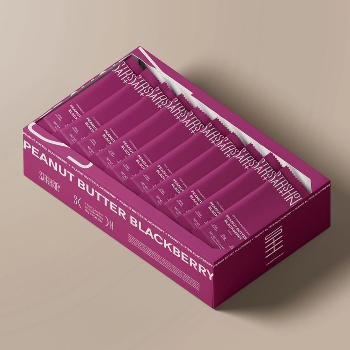 Stars + Honey Peanut Butter Blackberry collagen protein bar box packaging