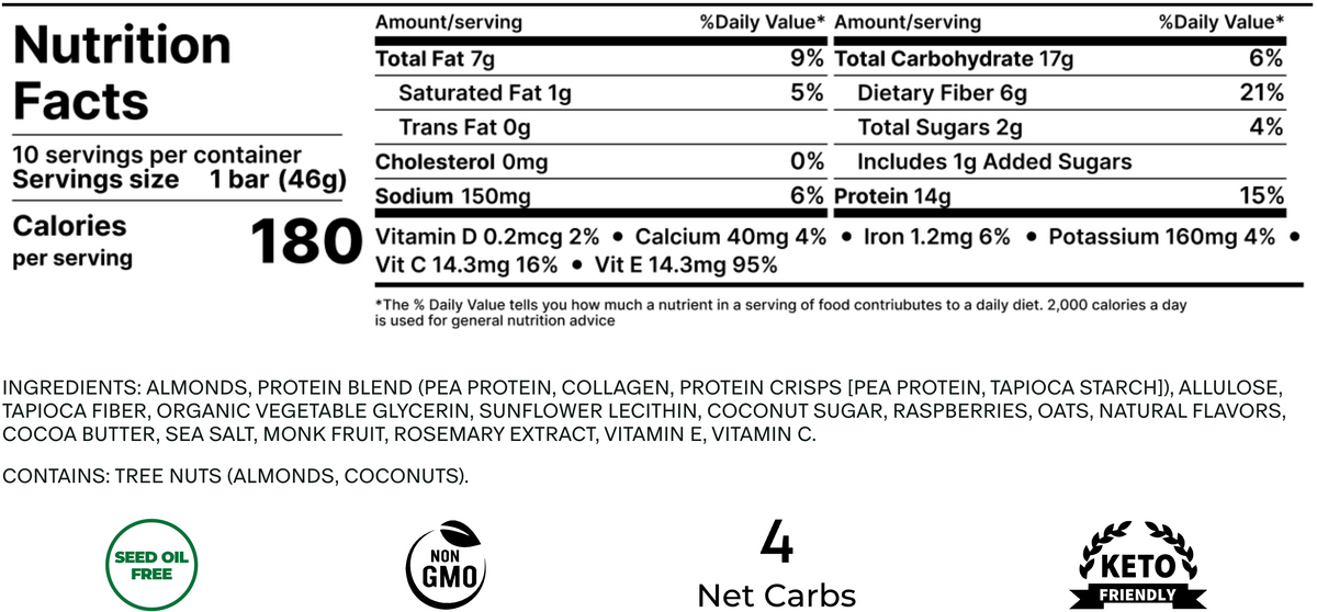Nutrition facts and ingredients for Stars + Honey Raspberry Donut collagen protein bar