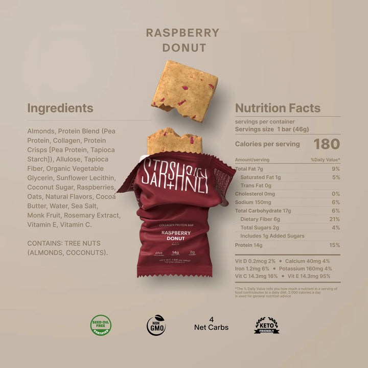 Nutrition facts and ingredients for Stars + Honey Raspberry Donut collagen protein bar