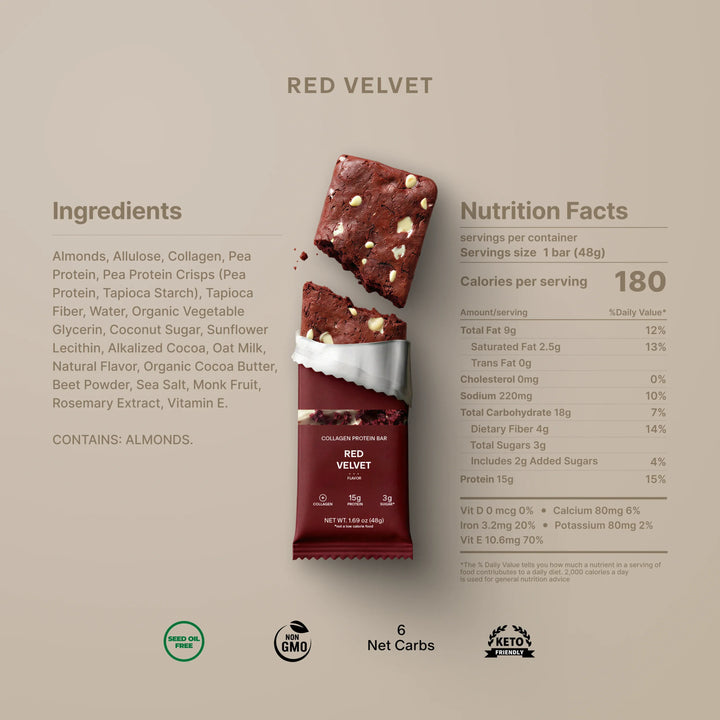 Nutrition facts and ingredients for Stars + Honey Red Velvet collagen protein bar