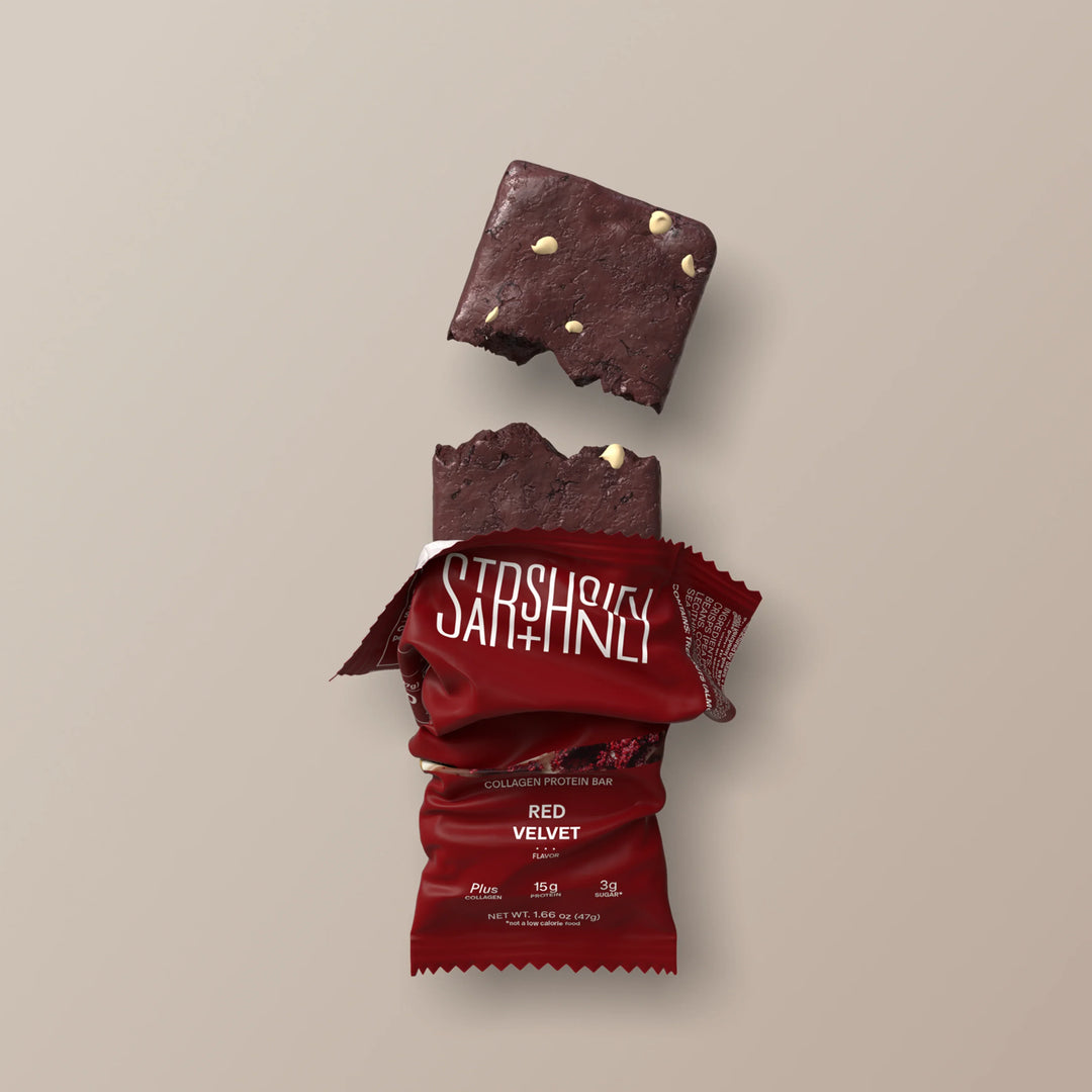 Stars + Honey Red Velvet collagen protein bar shown inside open wrapper
