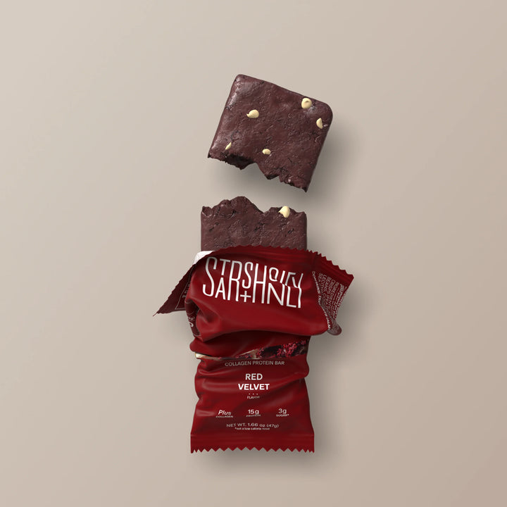 Stars + Honey Red Velvet collagen protein bar shown inside open wrapper