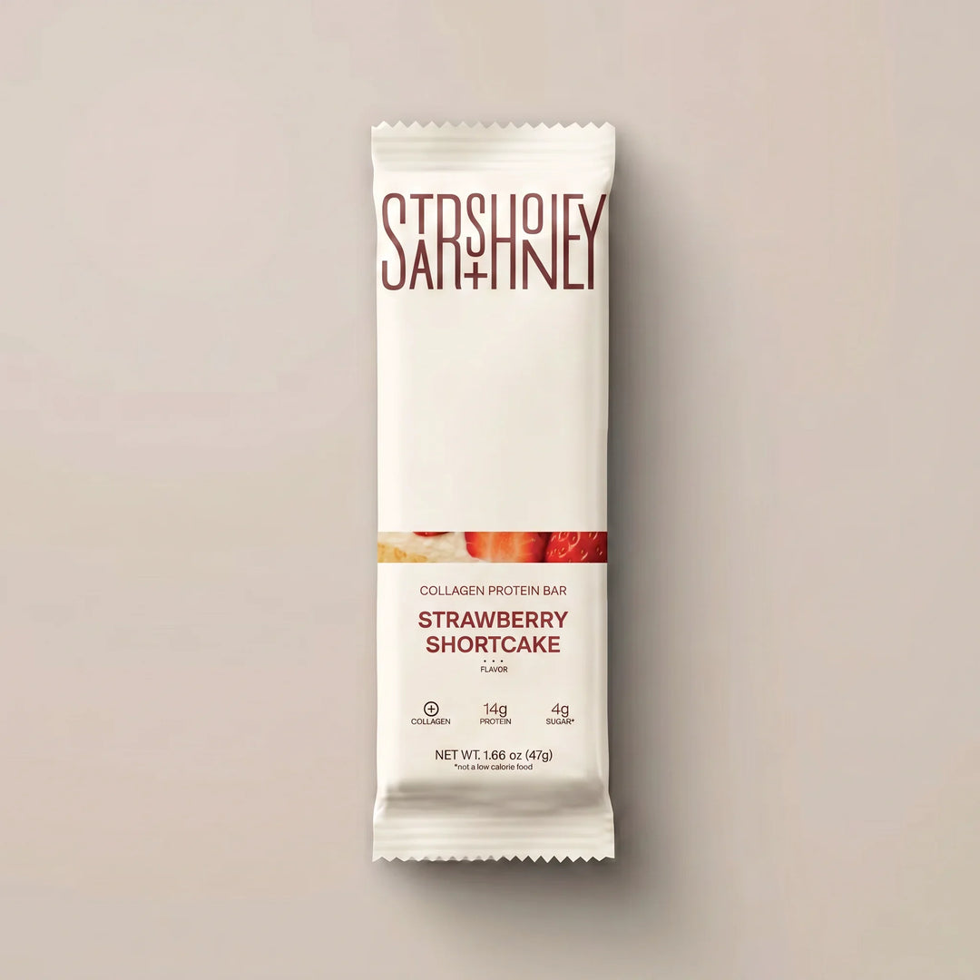 Stars + Honey Strawberry Shortcake collagen protein bar in white wrapper
