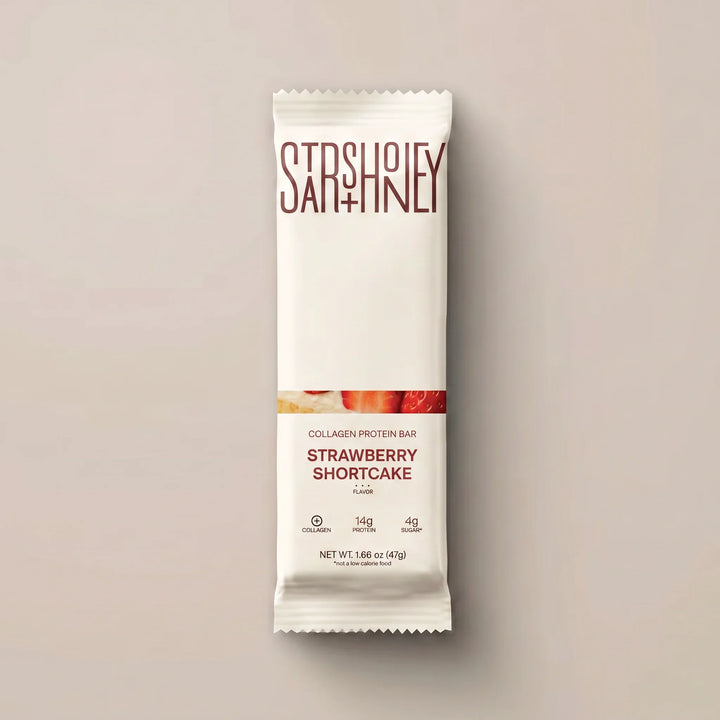 Stars + Honey Strawberry Shortcake collagen protein bar in white wrapper