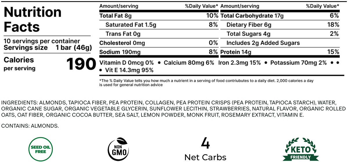 Nutrition facts and ingredients for Stars + Honey Strawberry Shortcake collagen protein bar