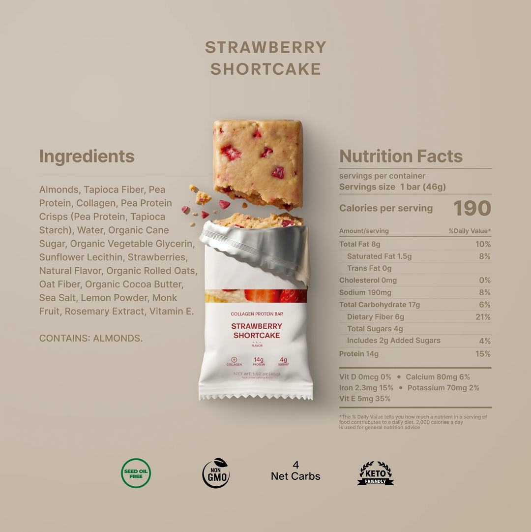 Nutrition facts and ingredients for Stars + Honey Strawberry Shortcake collagen protein bar