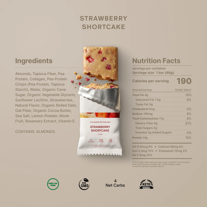 Nutrition facts and ingredients for Stars + Honey Strawberry Shortcake collagen protein bar