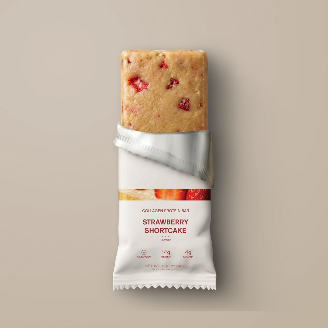 Stars + Honey Strawberry Shortcake collagen protein bar shown inside open wrapper