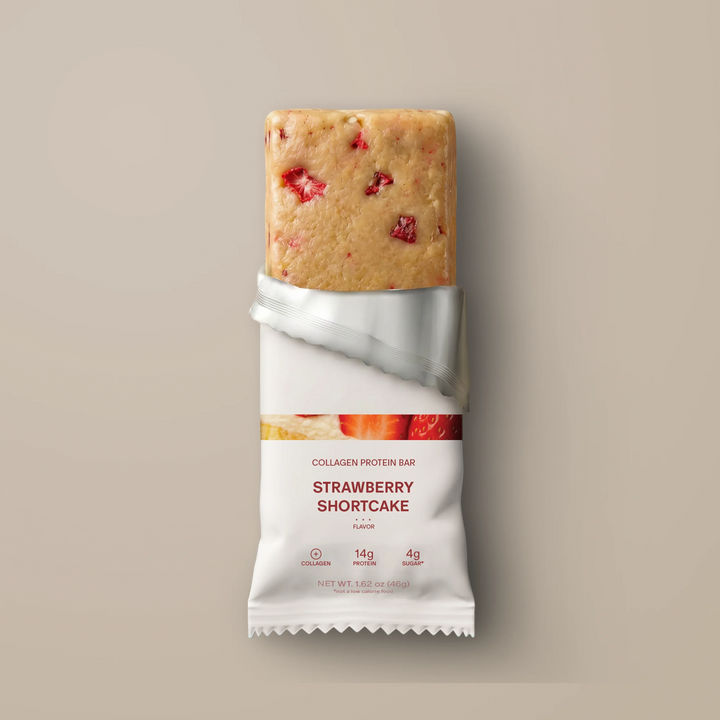 Stars + Honey Strawberry Shortcake collagen protein bar shown inside open wrapper