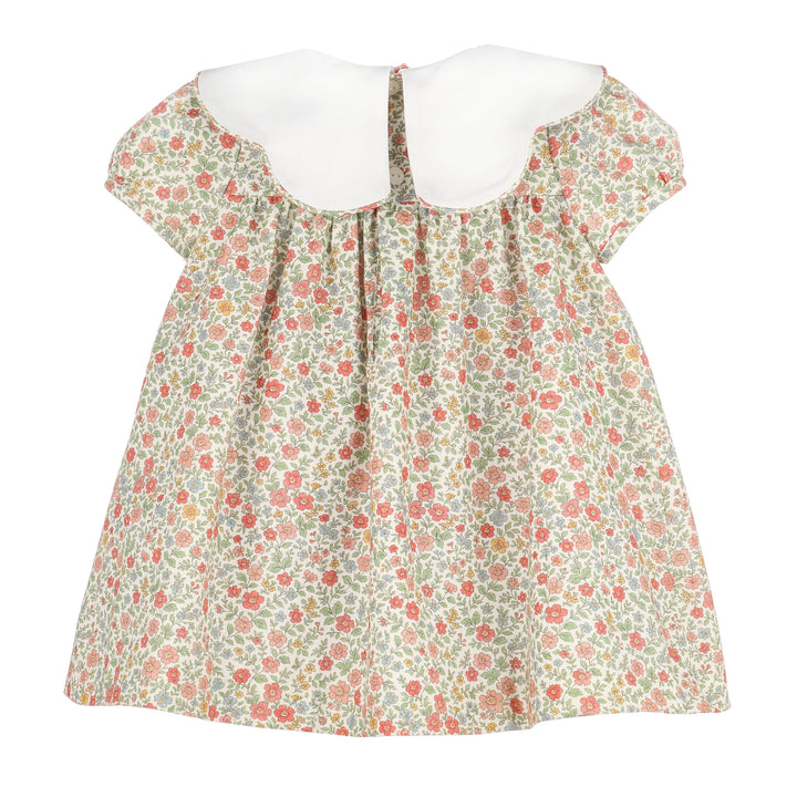 Back of Storybook Vintage Scallop Dress with colorful floral print and oversized white scalloped collar