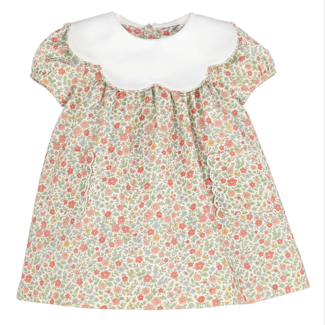 Storybook Vintage Scallop Dress with multicolor floral print, oversized white scalloped collar, and front pockets