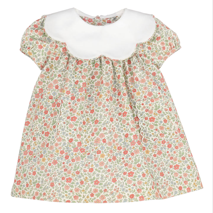 Storybook Vintage Scallop Dress with multicolor floral print, oversized white scalloped collar, and front pockets