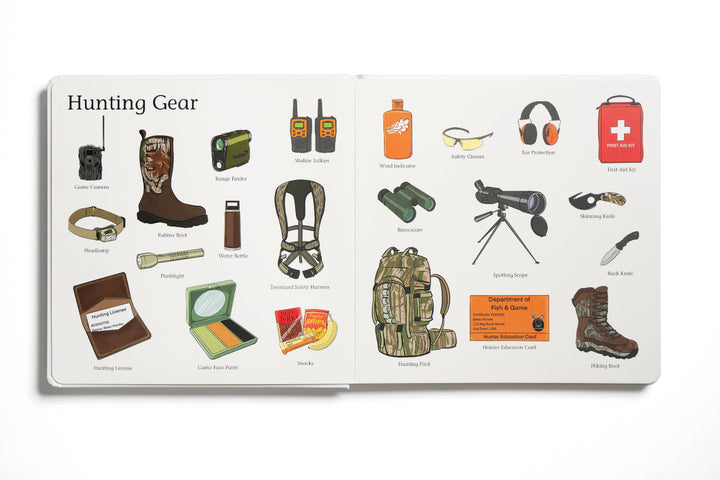 The Big Book of Hunting interior spread featuring illustrated hunting gear and equipment