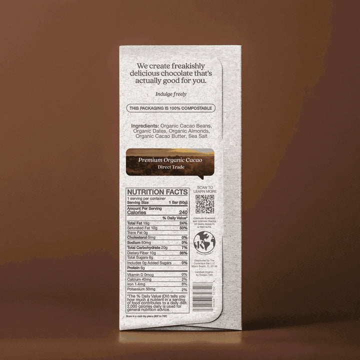 Back of The Conscious Bar Almond Sea Salt package with organic ingredients, nutrition facts and certifications
