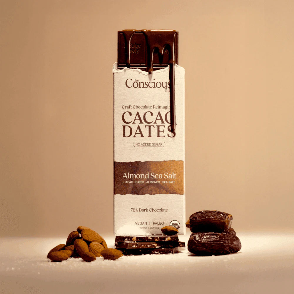 The Conscious Bar Almond Sea Salt date-sweetened 70% dark chocolate with almonds and dates