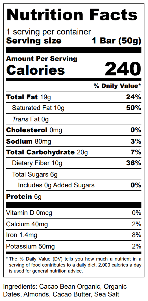 Nutrition facts and ingredients for The Conscious Bar Almond Sea Salt date-sweetened dark chocolate