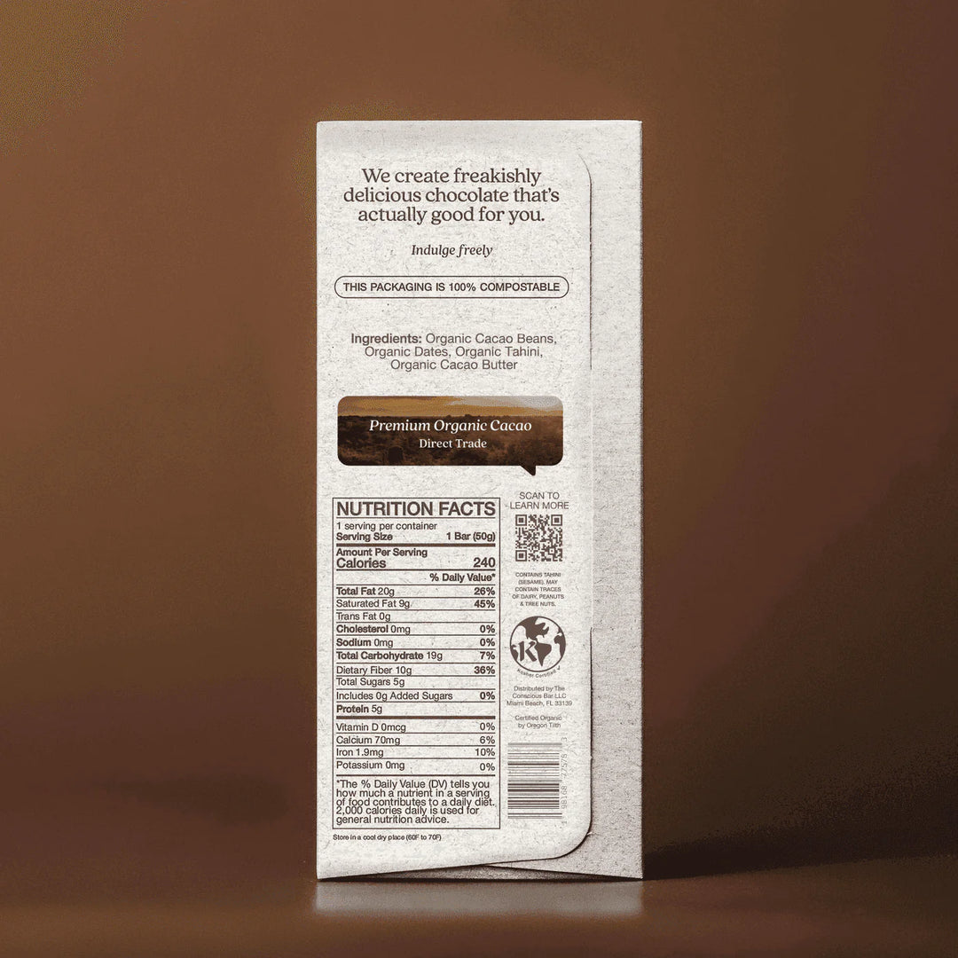 Back packaging of The Conscious Bar Creamy Tahini organic date-sweetened dark chocolate