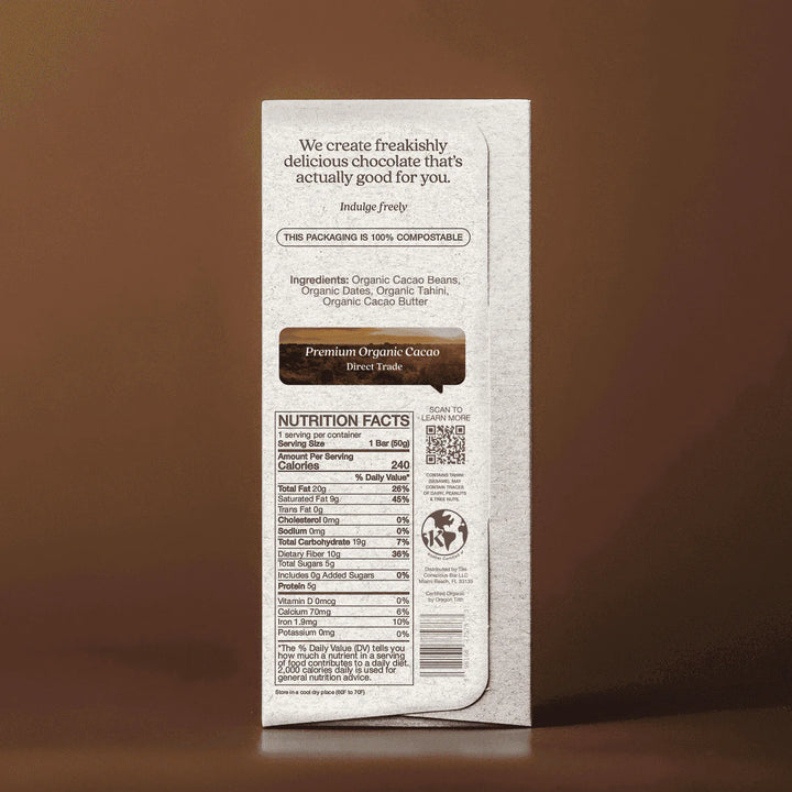 Back packaging of The Conscious Bar Creamy Tahini organic date-sweetened dark chocolate
