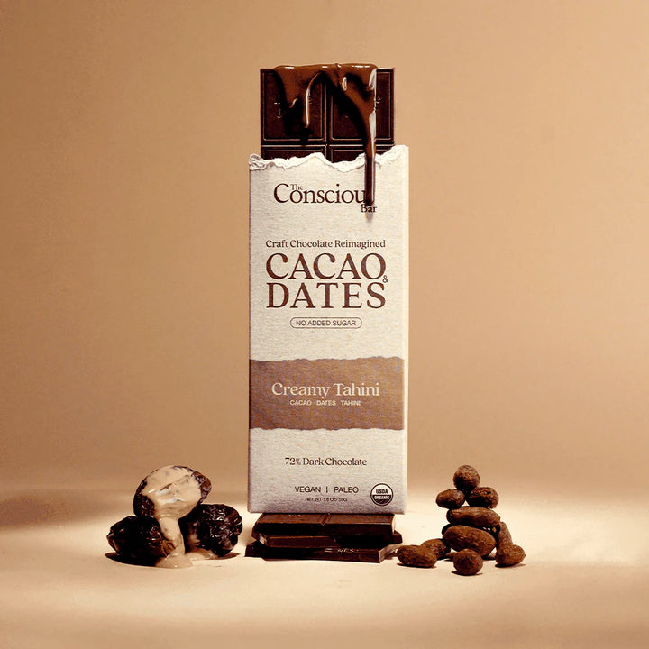 The Conscious Bar Creamy Tahini date-sweetened dark chocolate with organic cacao, dates and tahini