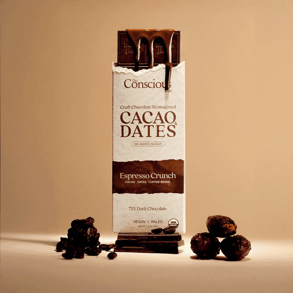The Conscious Bar Espresso Crunch date-sweetened dark chocolate with organic dates and coffee beans