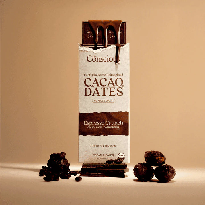 The Conscious Bar Espresso Crunch date-sweetened dark chocolate with organic dates and coffee beans