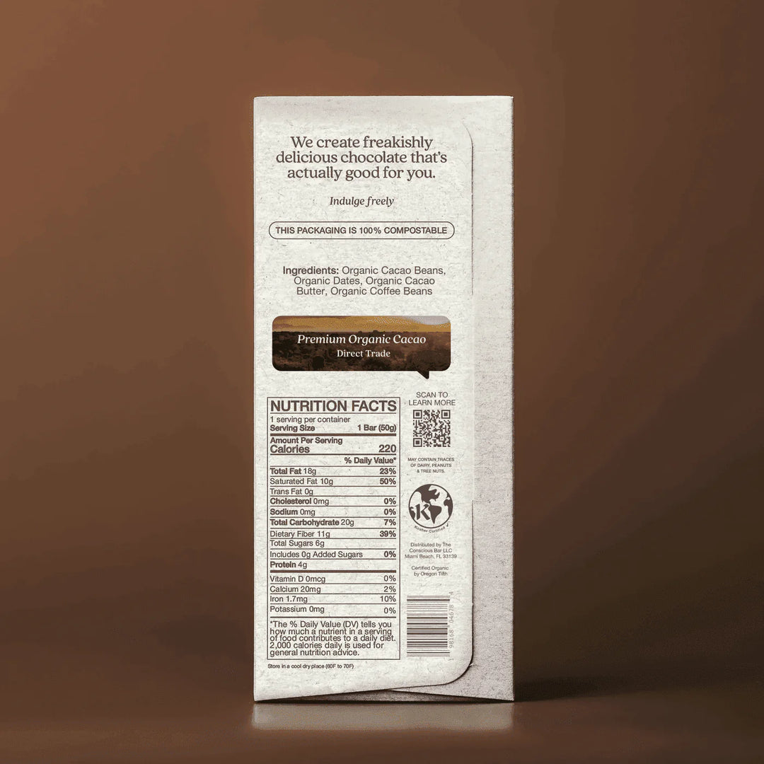 Back of The Conscious Bar Espresso Crunch package showing organic ingredients and nutrition facts