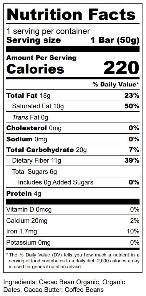 The Conscious Bar Espresso Crunch nutrition facts and ingredients for date-sweetened dark chocolate