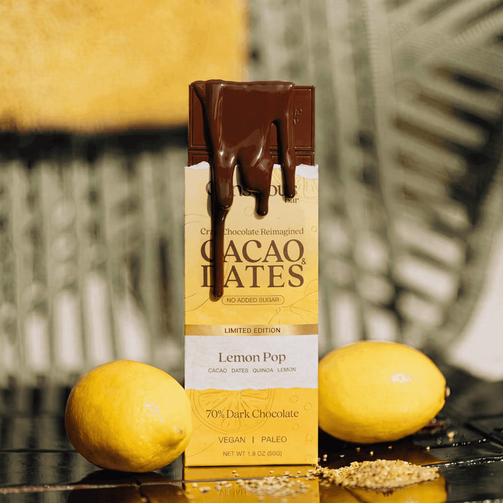 The Conscious Bar Lemon Pop 70% dark chocolate bar with no added sugar, lemons and quinoa