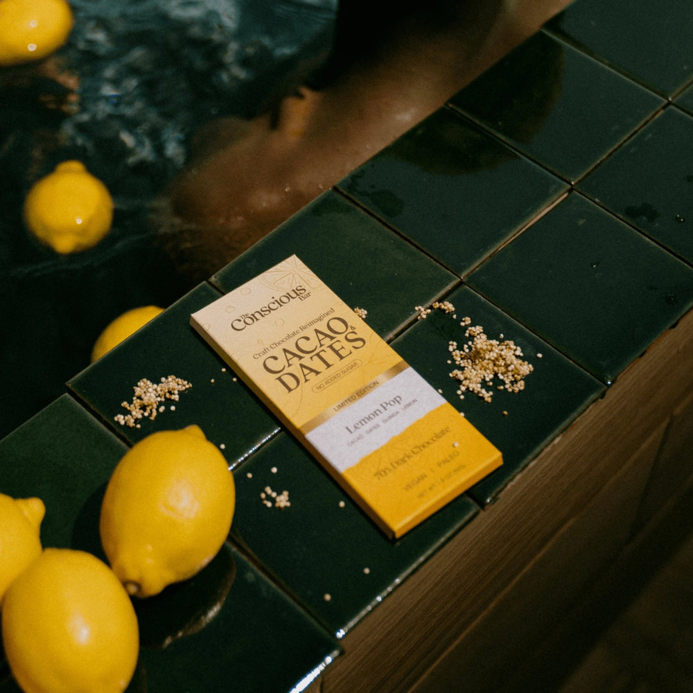 The Conscious Bar Lemon Pop 70% dark chocolate bar with lemons and quinoa