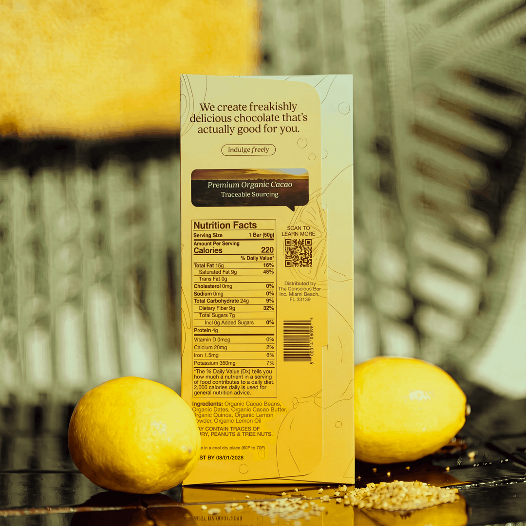 The Conscious Bar Lemon Pop dark chocolate bar nutrition facts and organic ingredients with lemons