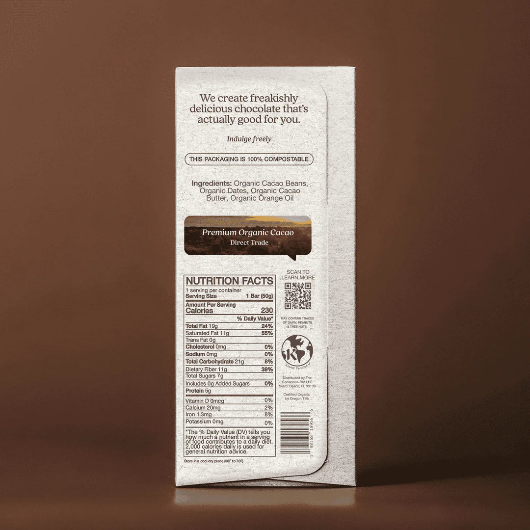 Back of The Conscious Bar Orange Blossom package showing organic ingredients and nutrition facts
