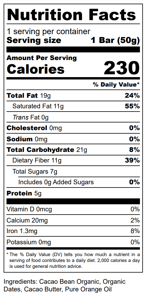 Nutrition facts and ingredients for The Conscious Bar Orange Blossom date-sweetened dark chocolate