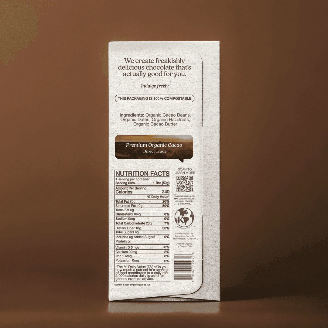 Back of The Conscious Bar Roasted Hazelnut package with organic ingredients, nutrition facts and certifications