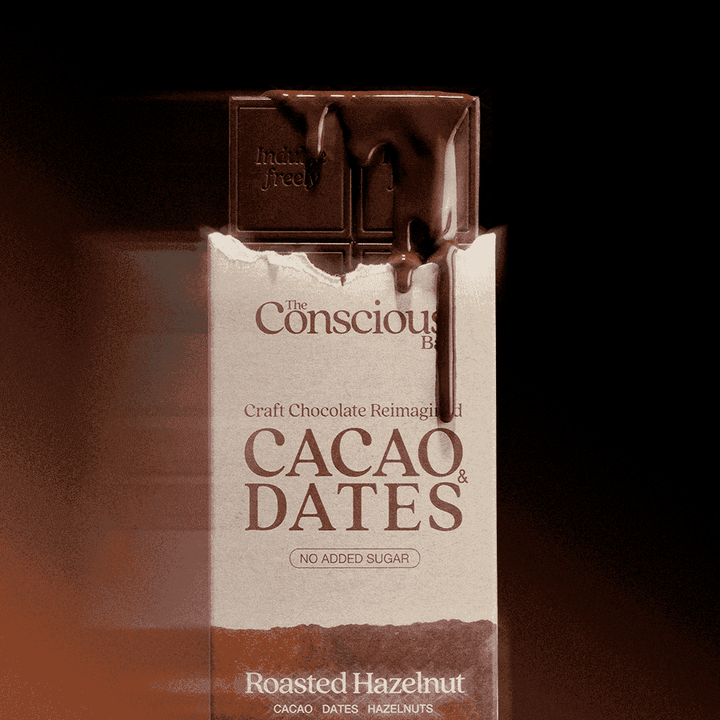 The Conscious Bar Roasted Hazelnut date-sweetened dark chocolate bar and package close-up