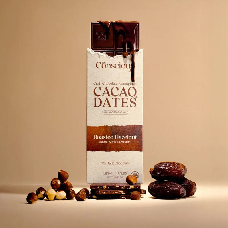 The Conscious Bar Roasted Hazelnut date-sweetened 70% dark chocolate with hazelnuts and dates