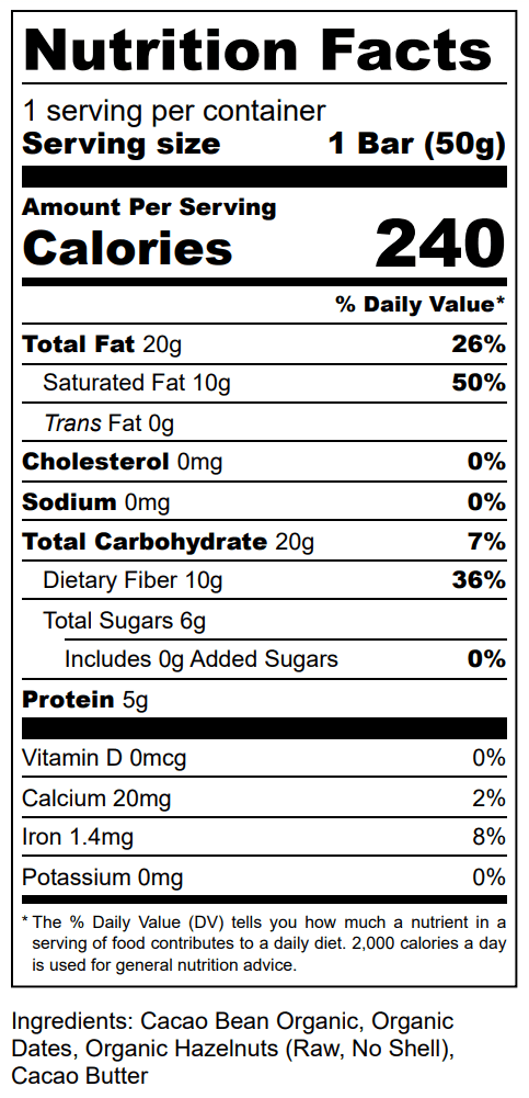 Nutrition facts and ingredients for The Conscious Bar Roasted Hazelnut date-sweetened dark chocolate