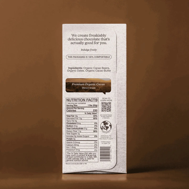 Back of The Conscious Bar Smooth Dark Chocolate package with ingredients and nutrition information