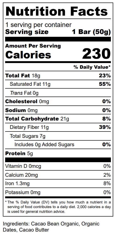 The Conscious Bar Smooth Dark Chocolate nutrition facts for 1.8 oz date-sweetened dark chocolate bar