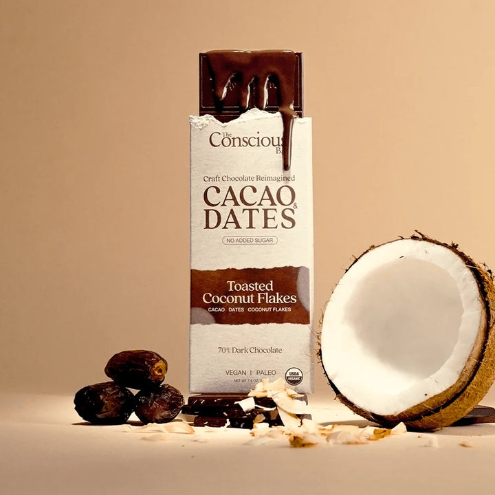 The Conscious Bar Toasted Coconut Flakes date-sweetened dark chocolate with coconut and dates