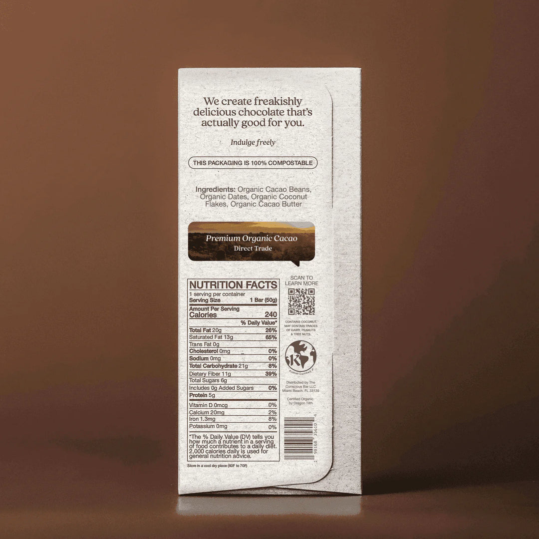 Back of The Conscious Bar Toasted Coconut Flakes package with ingredients and nutrition information