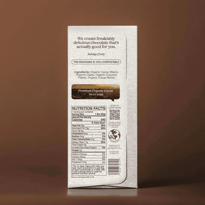 Back of The Conscious Bar Toasted Coconut Flakes package with ingredients and nutrition information