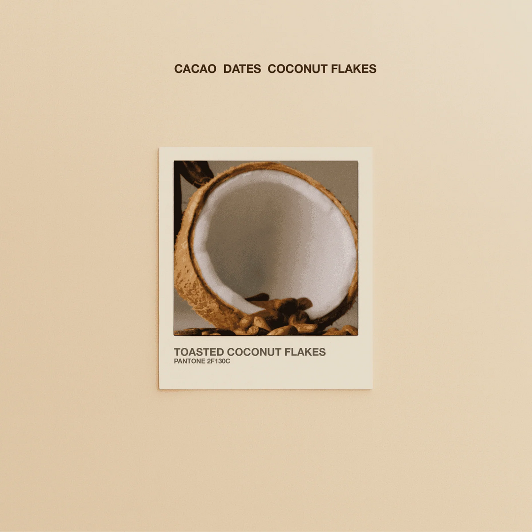 Toasted Coconut Flakes dark chocolate flavor featuring organic cacao, dates and toasted coconut