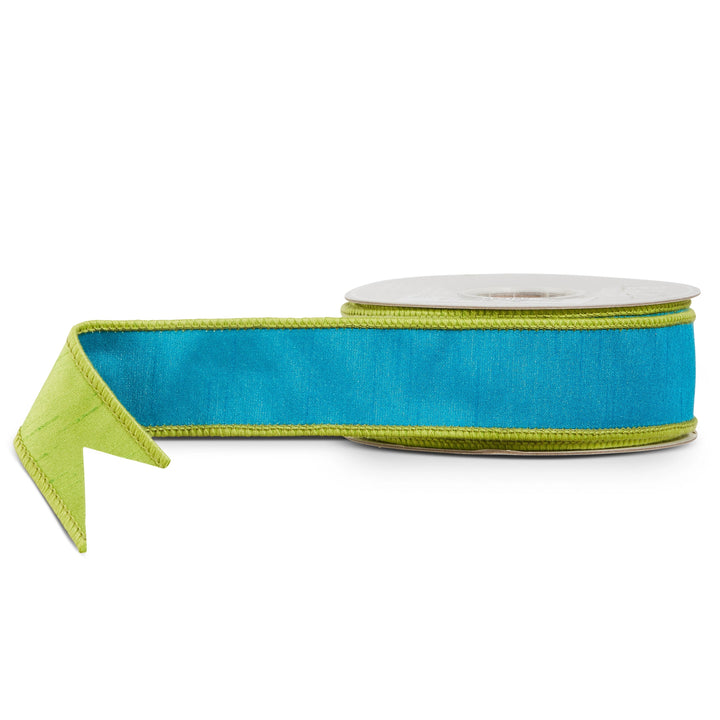 Turquoise blue and lime green reversible wired ribbon with lime green trim, ideal for Christmas trees, wreaths, garlands, bows, and bright colorful holiday décor.
