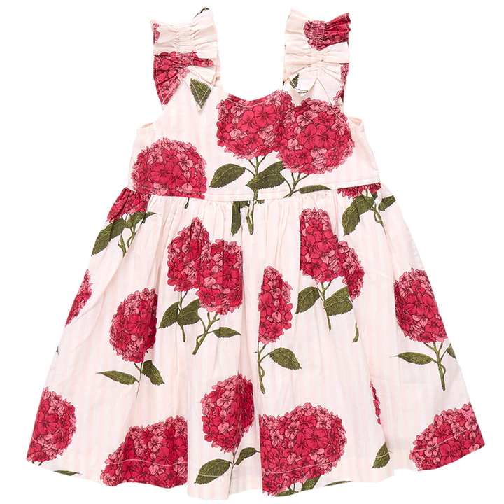 Girls Via Dress - Pink Stripe Hydrangeas
