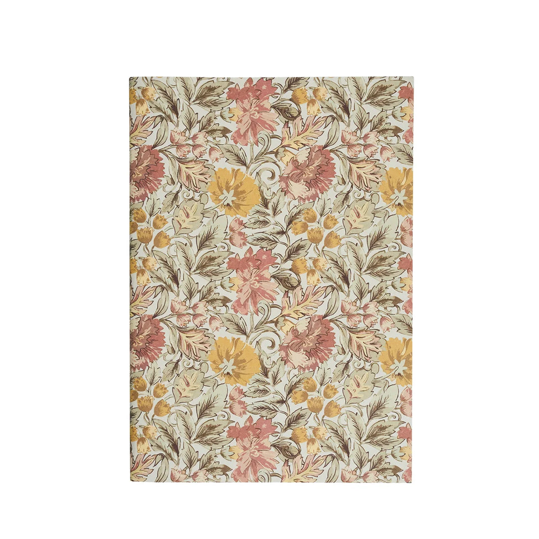 Vintage floral journal featuring an allover botanical print with pink, blush, mustard yellow and brown flowers on a cream background.